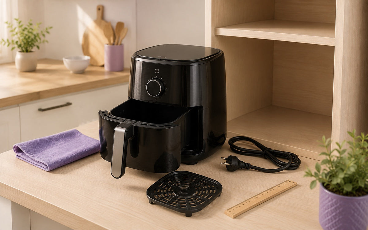 Freidora de aire en una cocina con cesta extraíble, accesorios y elementos para comprobar sus dimensiones.