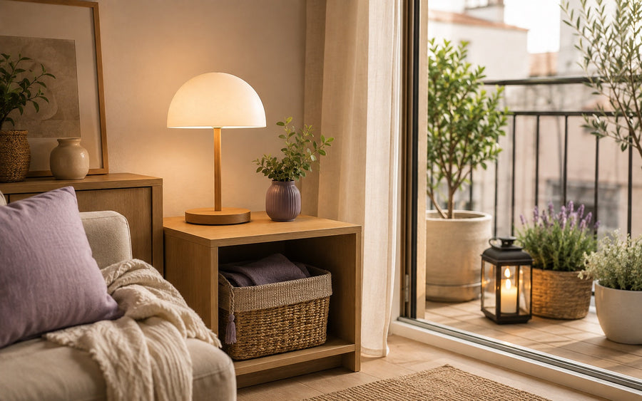 Rincón de hogar junto a una terraza con iluminación, almacenaje, plantas y elementos de exterior.