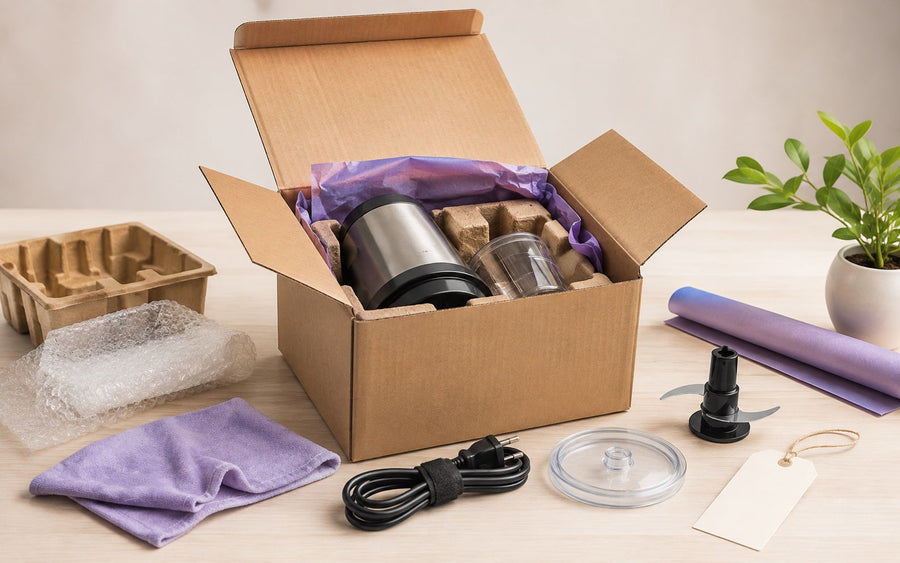 Caja abierta con un pequeño electrodoméstico y sus accesorios preparados para una nueva revisión.