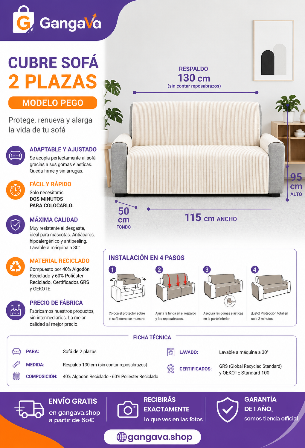 FAVERTI® Cubre Sofá 2 Plazas PEGO Natural Chenilla