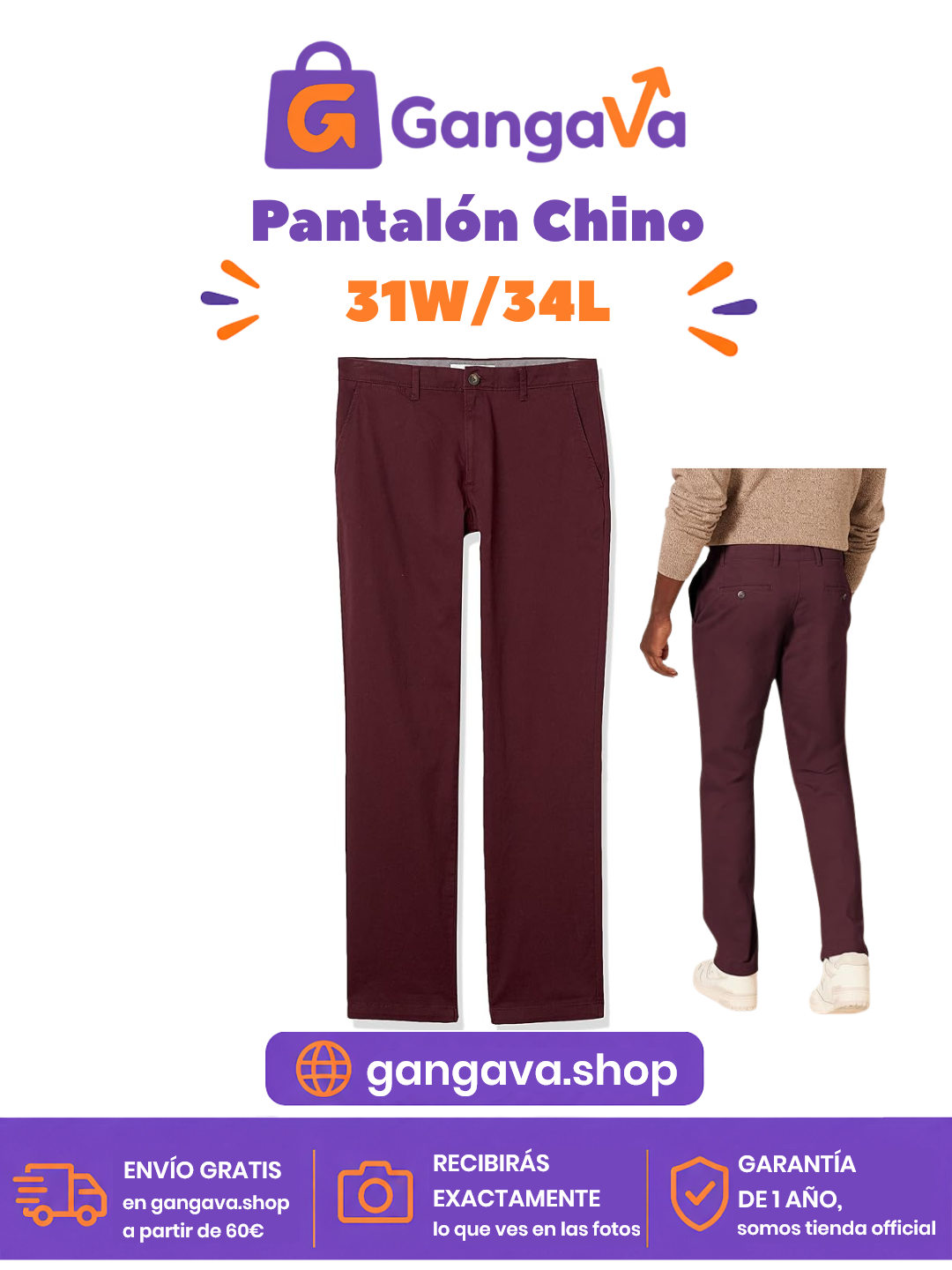 Pantalón Chino Amazon Essentials Hombre 31W/34L