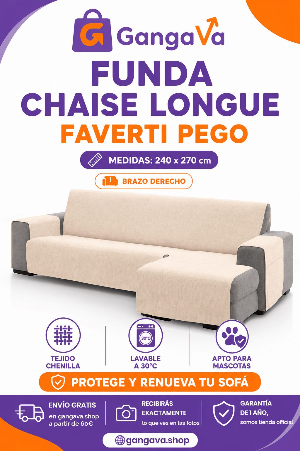 Cubre Sofá FAVERTI PEGO Chaise Derecho 240cm